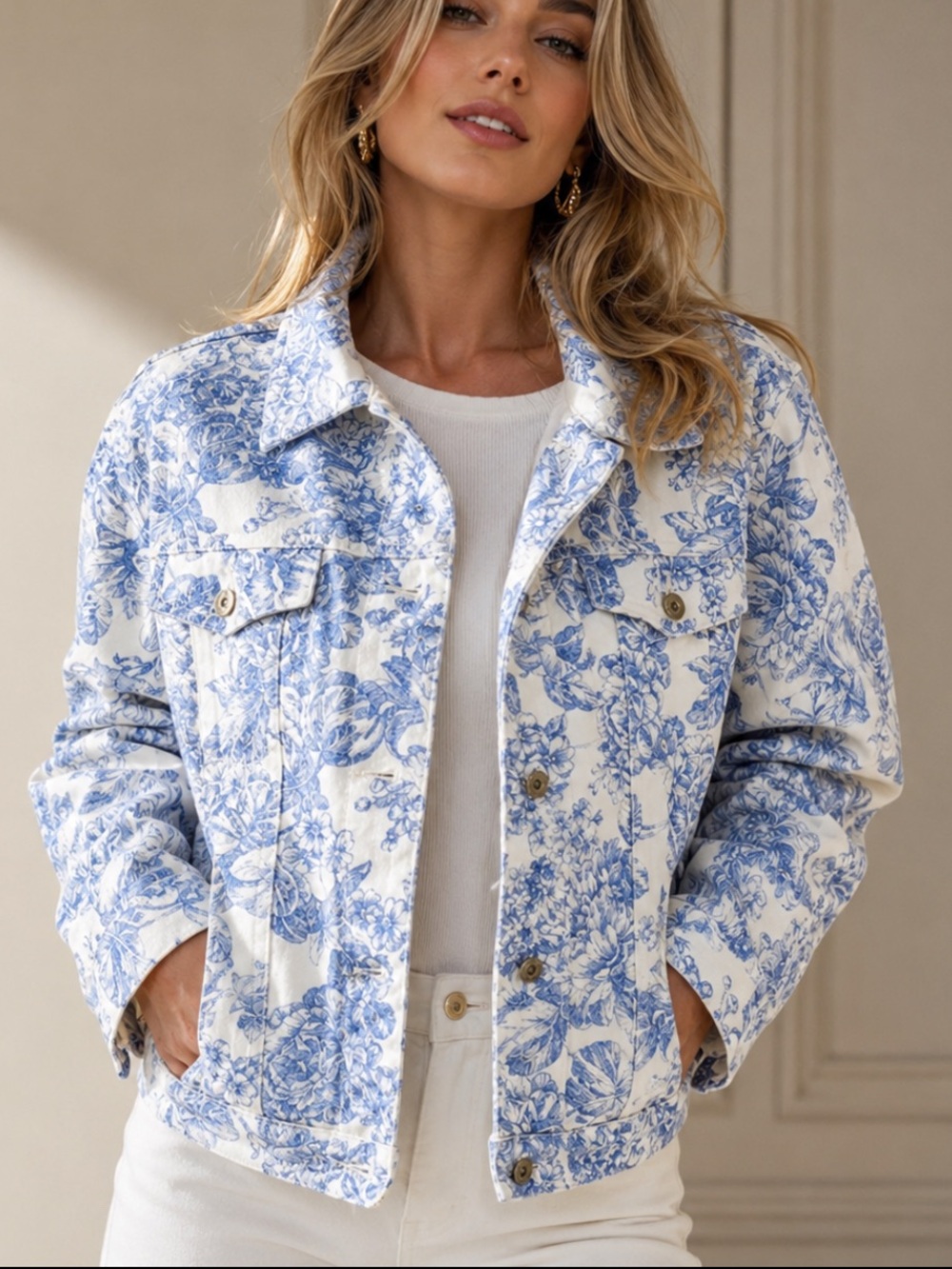 Eddie Bawer Blue and White Floral Jean Jacket